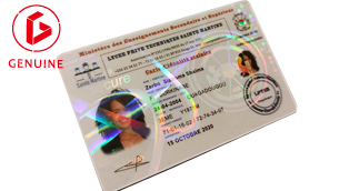 Holographic overlay film applied over a printed ID card, showing a special finish layer