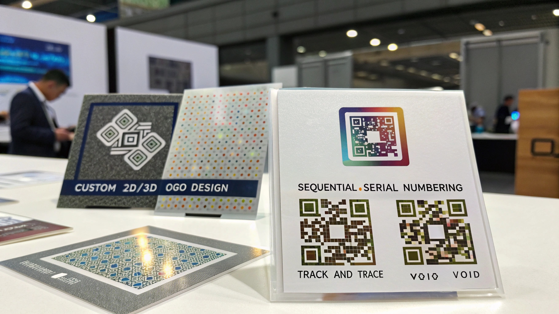 Stock hologram foil samples used as tamper-evident overlays on ID cards
