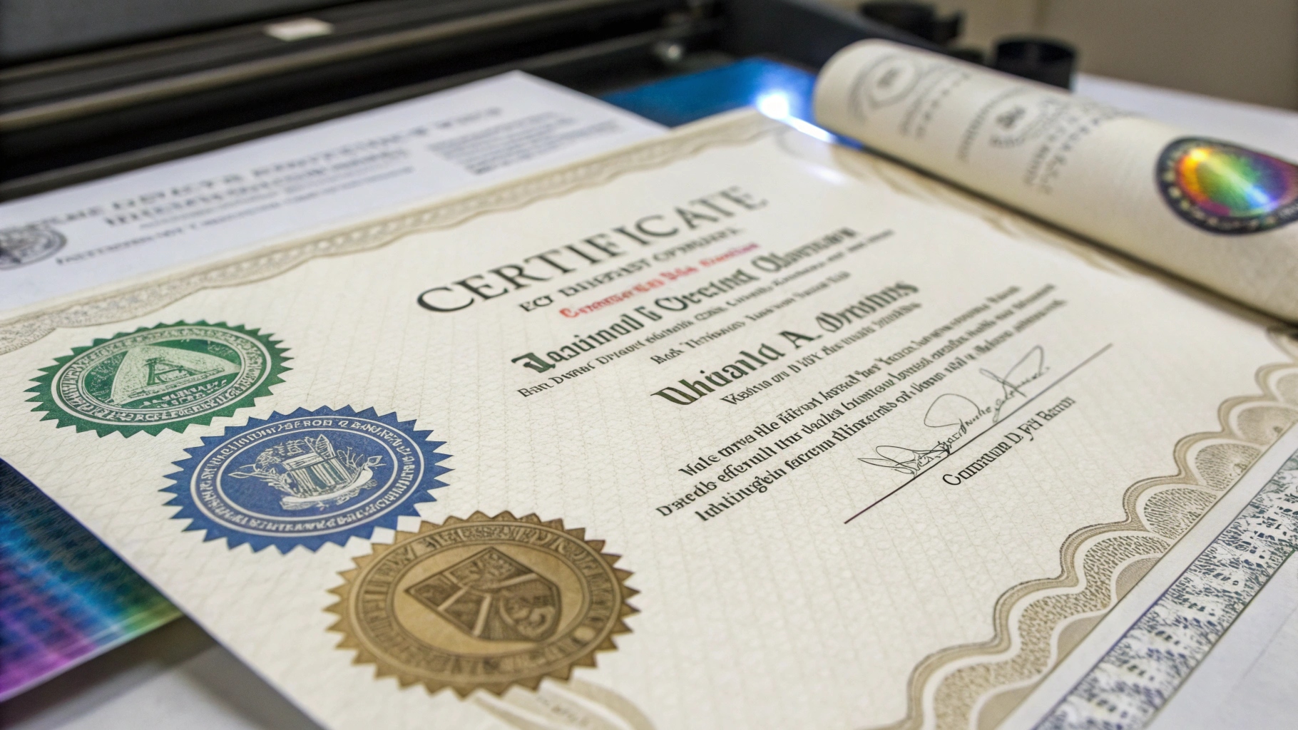 Certificate printed on security paper with custom anti-counterfeit features