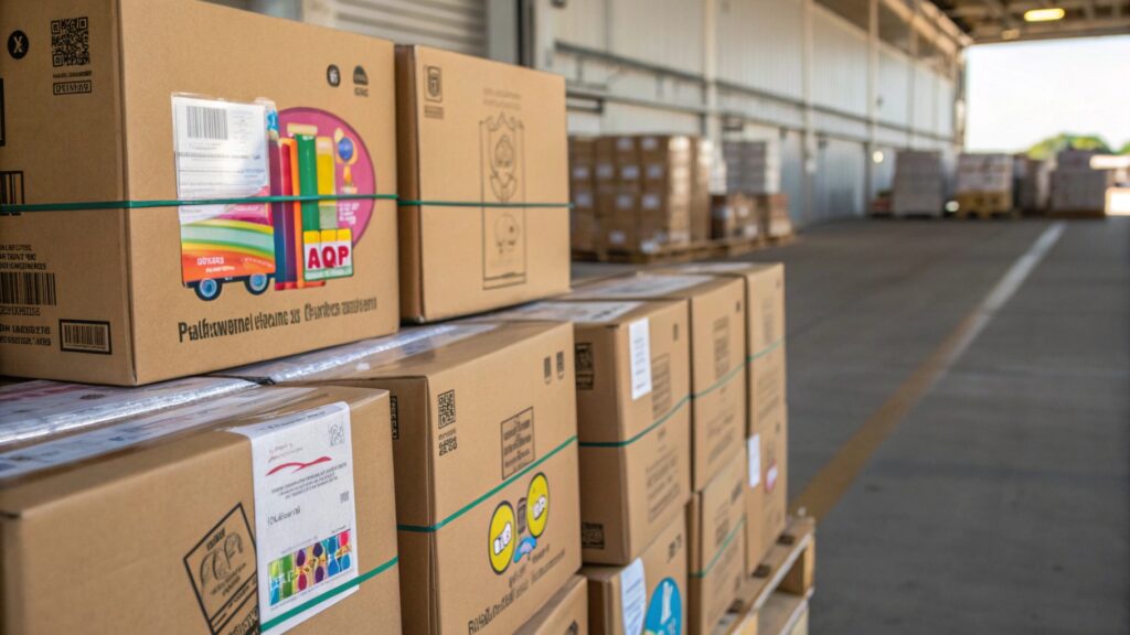 Cartons of children's stationery with compliance labels prepared for international export