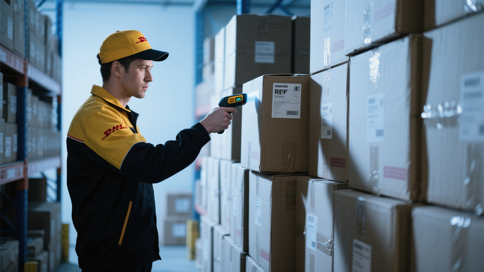 A worker using an RFID handheld scanner in a warehouse, illustrating readers deployed in real field conditions