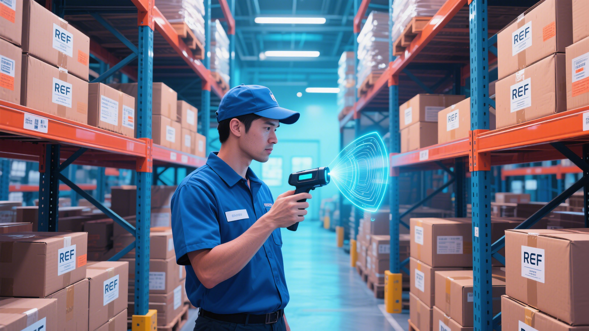 a warehouse worker scanning rfid tagged boxes with a handheld reader. bright, futuristic aesthetic.