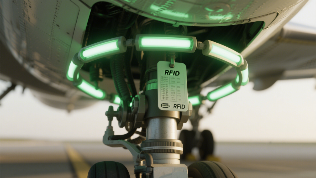 close up of rfid tag on landing gear, scanning light effects highlighting tech