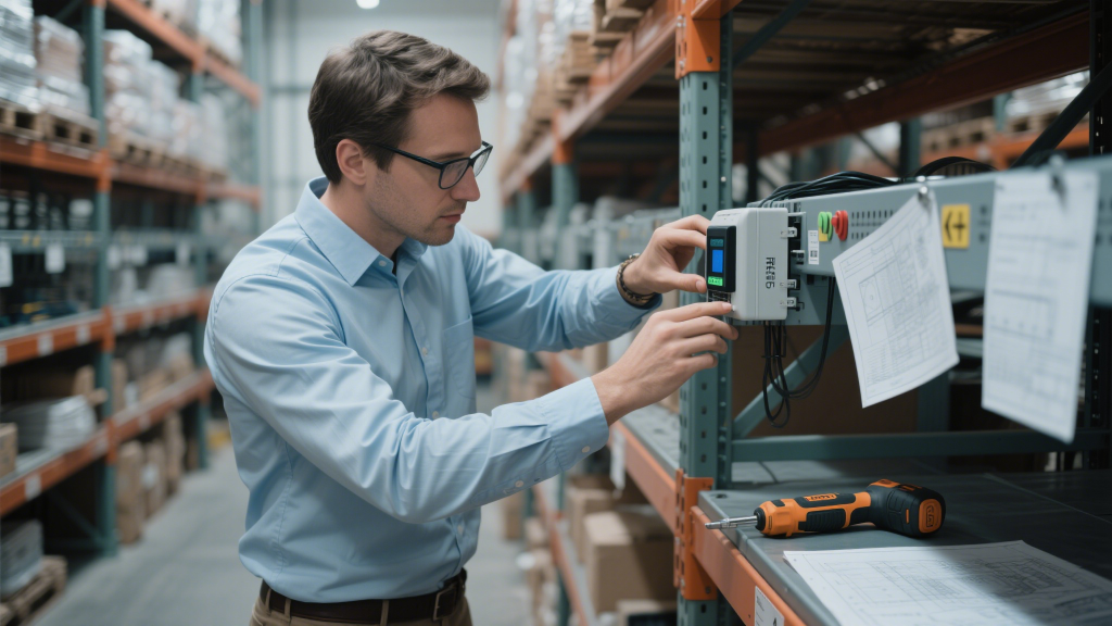 engineer installing rfid hardware in a warehouse.