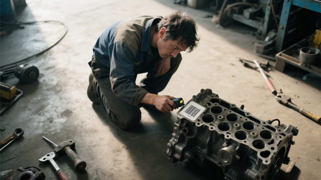 frustrated worker struggling to scan a greasy engine part with a barcode scanner, industrial setting