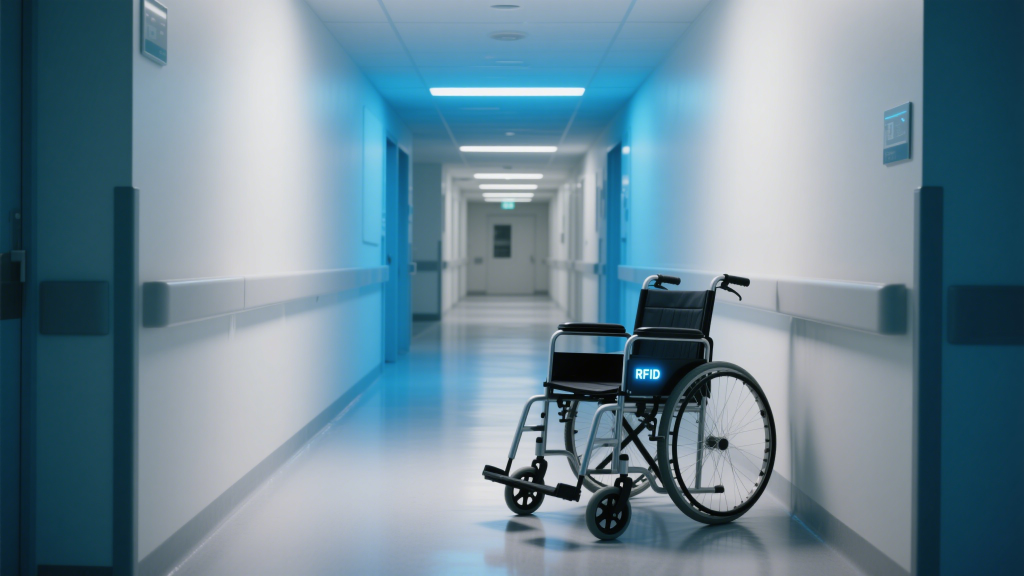 hospital hallway with rfid tagged wheelchair, tech themed blue tones