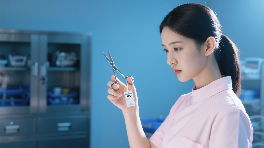 rfid tagged surgical kit, close up of tag on scissors