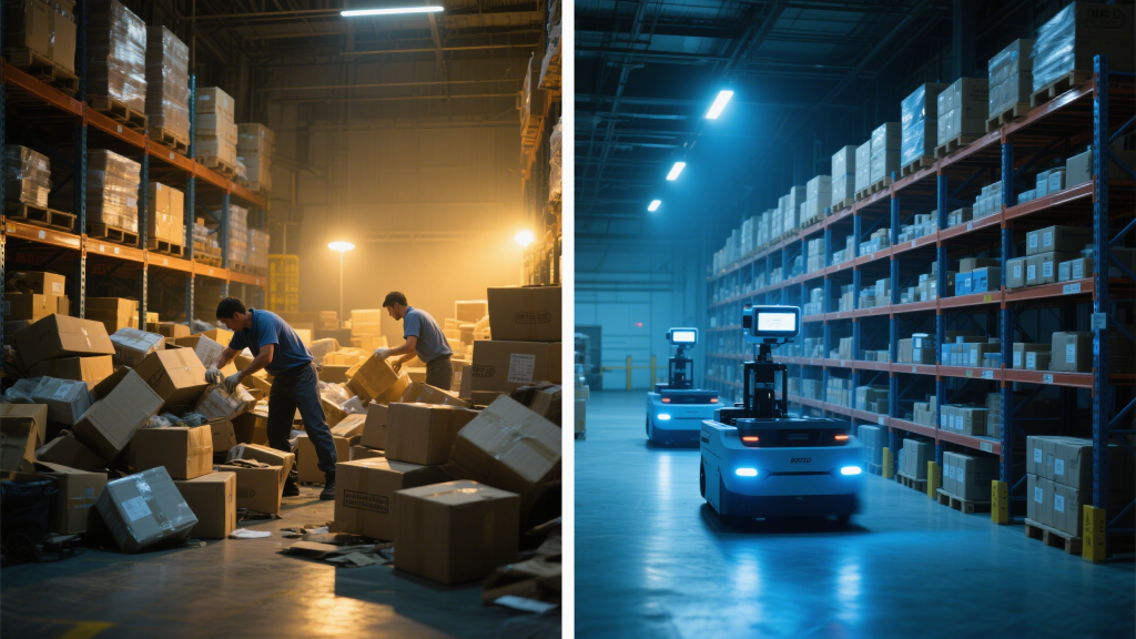 side by side timeline showing chaotic pre rfid warehouse vs. streamlined automated rfid scanning