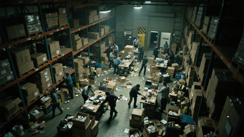 chaotic warehouse with workers processing returns.