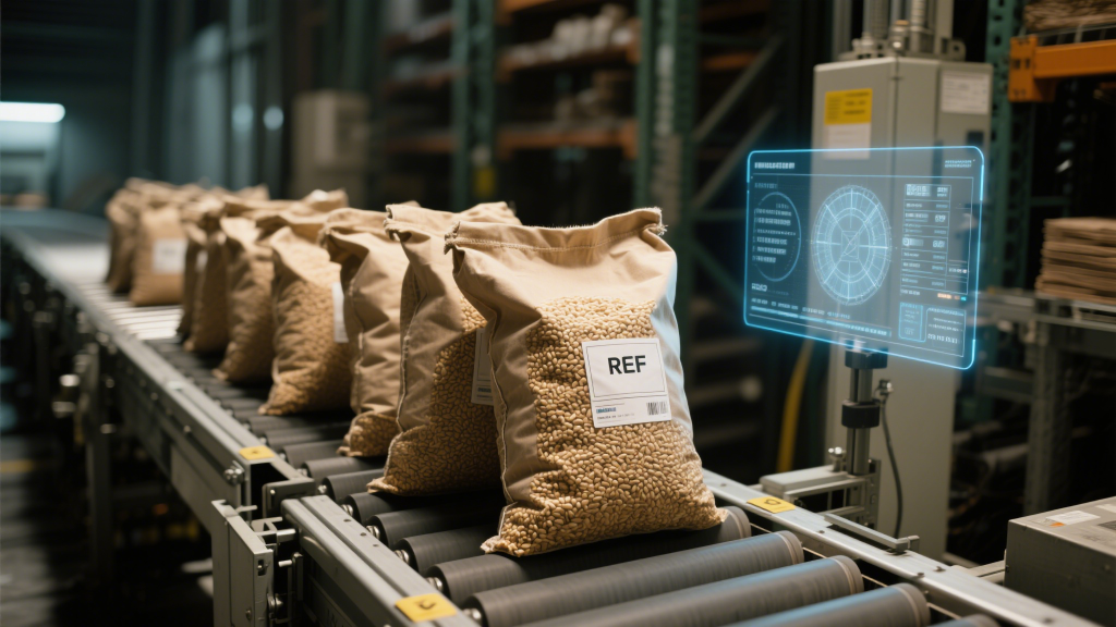 rfid tagged grain sacks on automated conveyor belt with holographic data displays