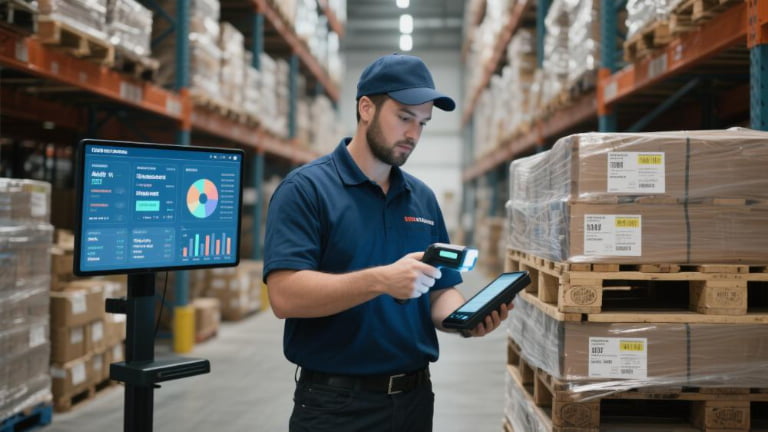 a warehouse worker scanning rfid tagged pallets, with a digital dashboard showing live inventory data.
