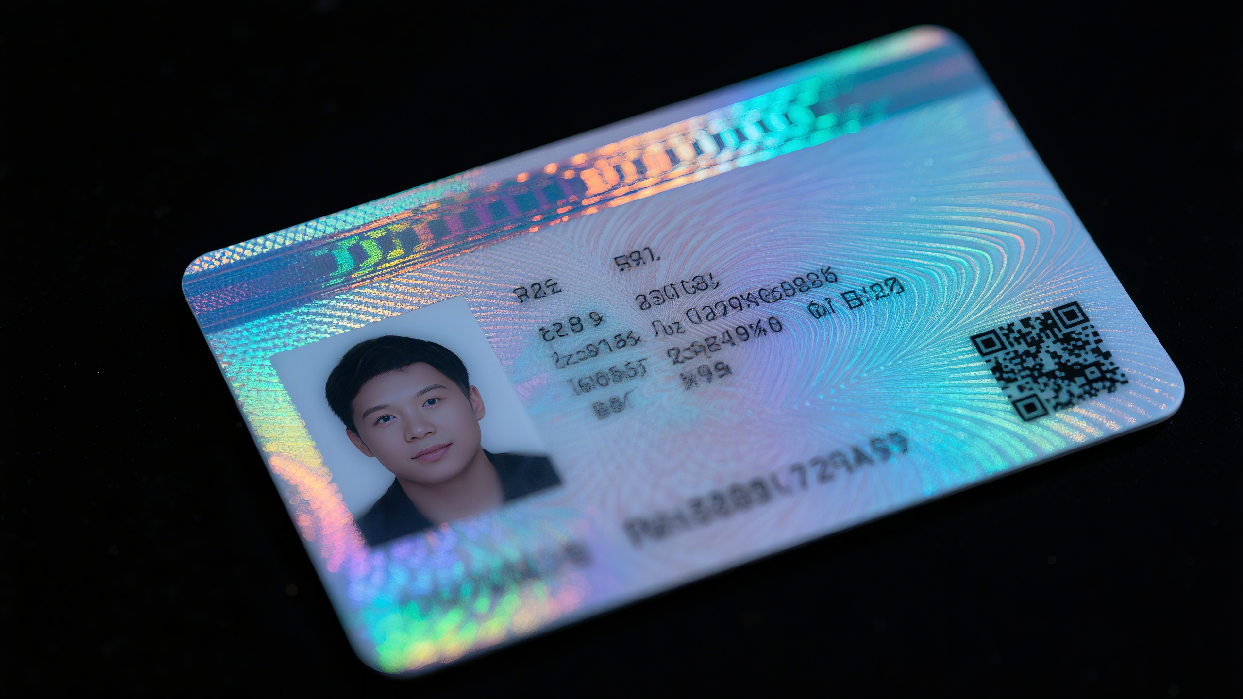 ID card showing visual security features including a holographic overlay and fine guilloche linework