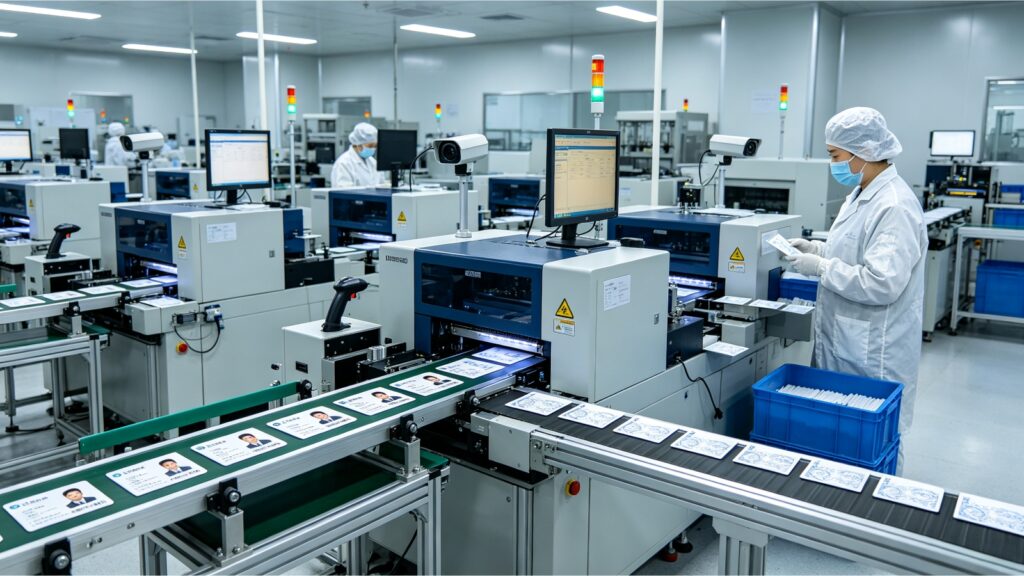 A secure ID card production line inside a factory
