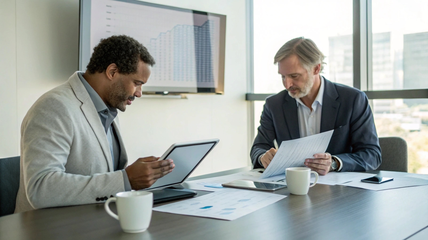 A procurement manager reviewing smart card specifications with a supplier representative.
