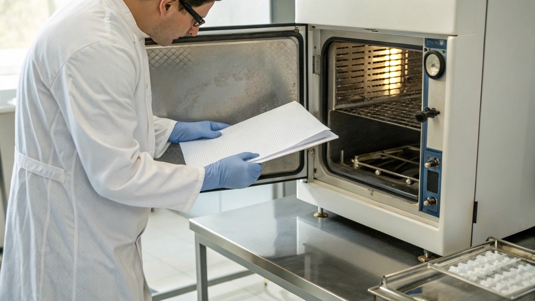 A quality control technician in a lab coat and gloves inspecting cards, representing incoming encoding verification.