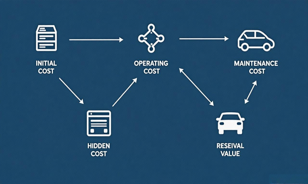 An infographic illustrating the TCO calculation formula and its various cost components.