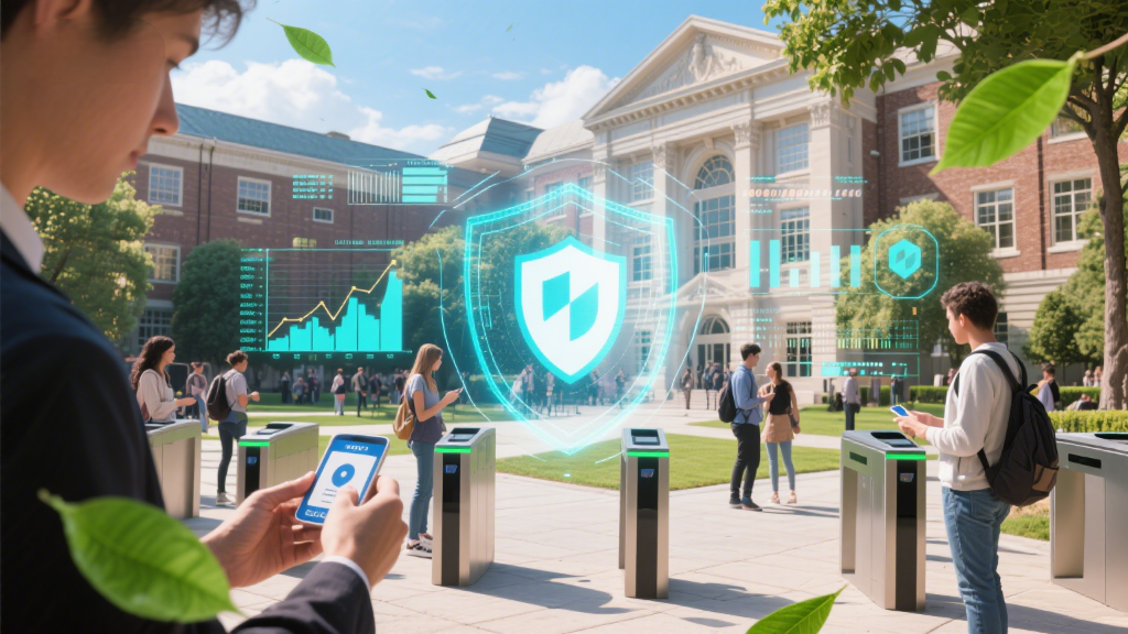 futuristic campus with students tapping id cardsicons representing security, analytics, and iot.