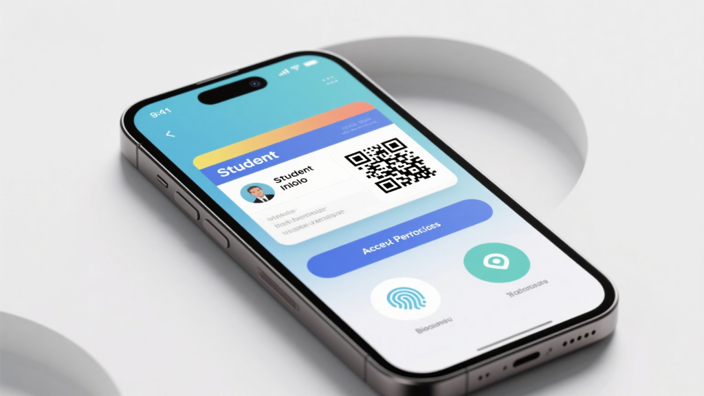 smartphone displaying a dynamic student id with qr code and access permissions.