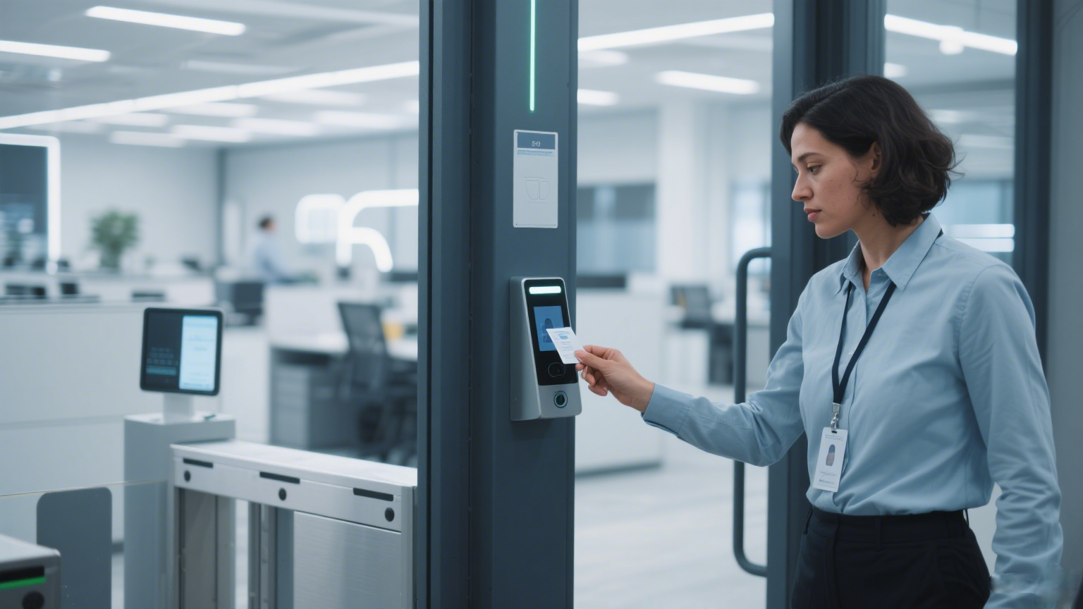 Employees presenting ID cards at a security checkpoint for verification