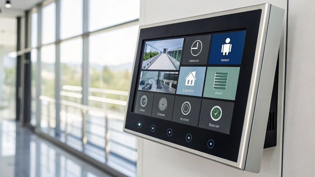 A dashboard showing integrated security systems like CCTV and access control