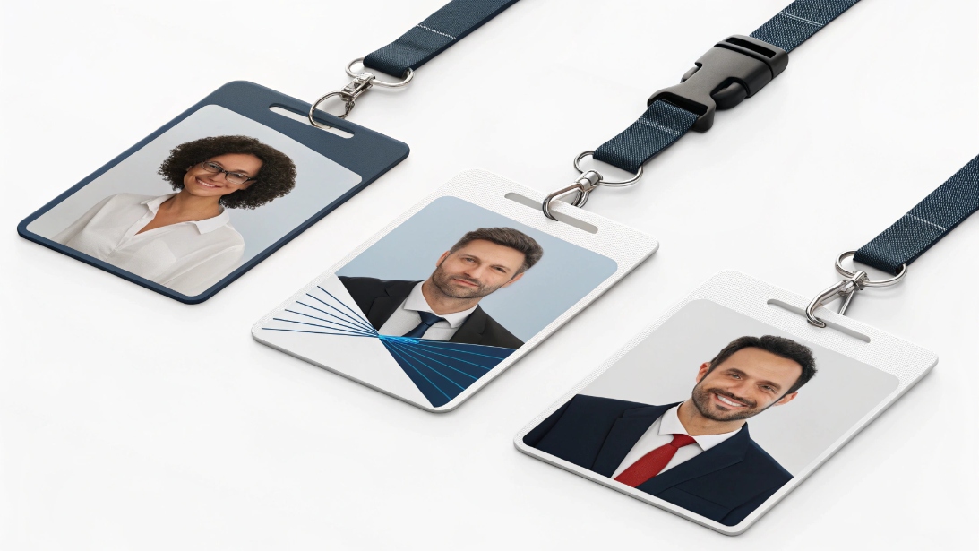 Corporate employee ID badges on lanyards