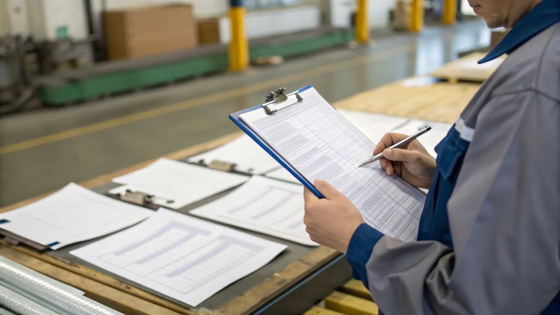 Auditor inspecting security paper certifications and compliance documents