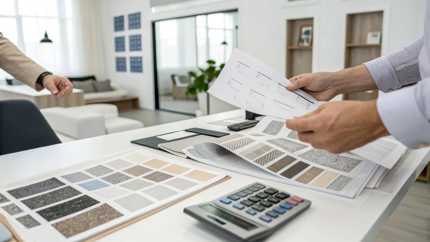 Procurement manager reviewing security paper cost tiers and samples on a desk