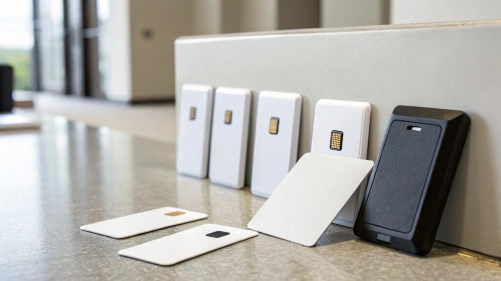 MIFARE DESFire smart card being tapped against an access control reader at an office building entrance