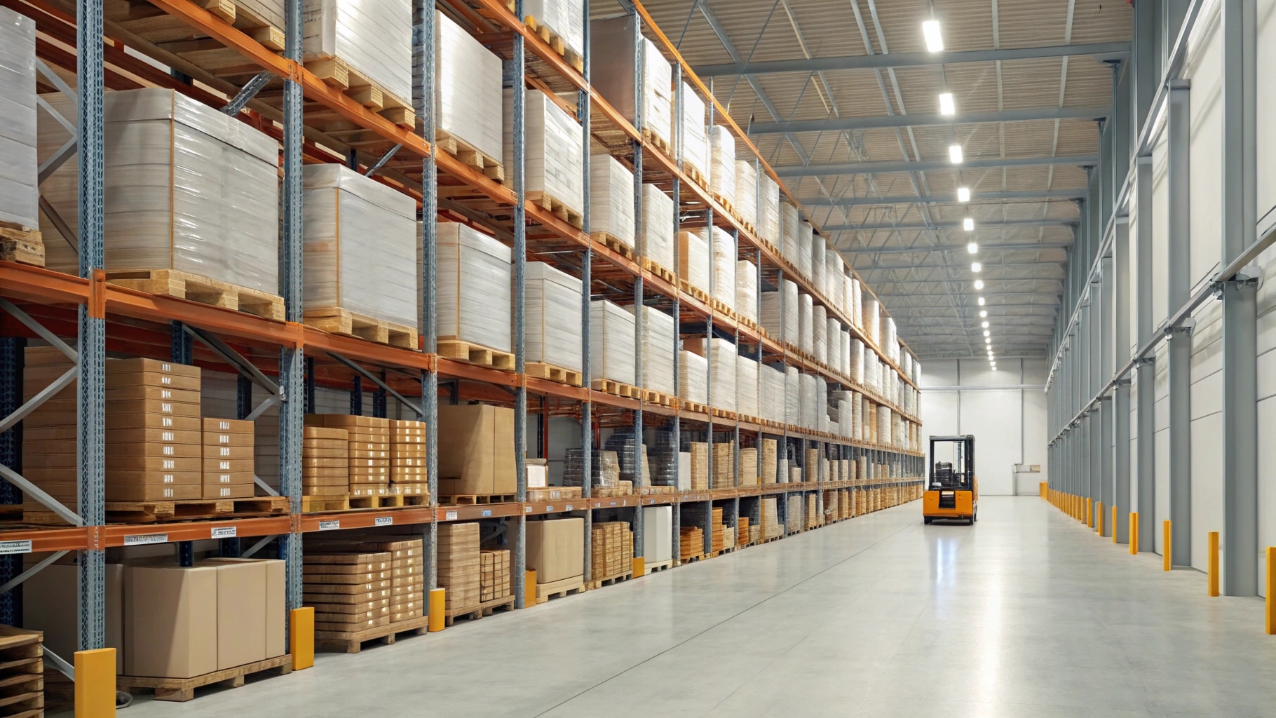 A wide shot inside a modern logistics warehouse