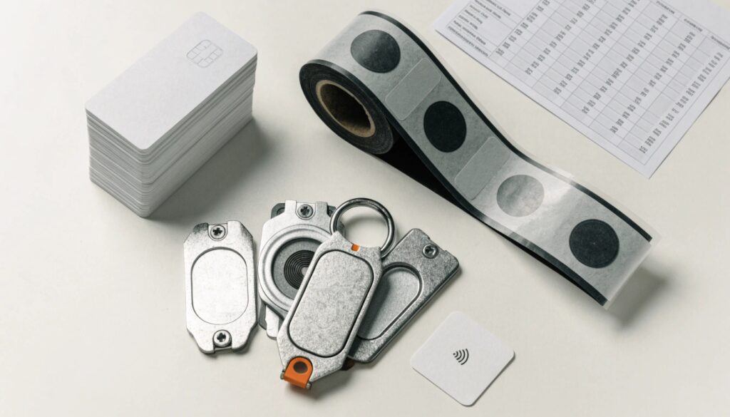 RFID product assortment showing cards tags inlays and labels arranged by price tier