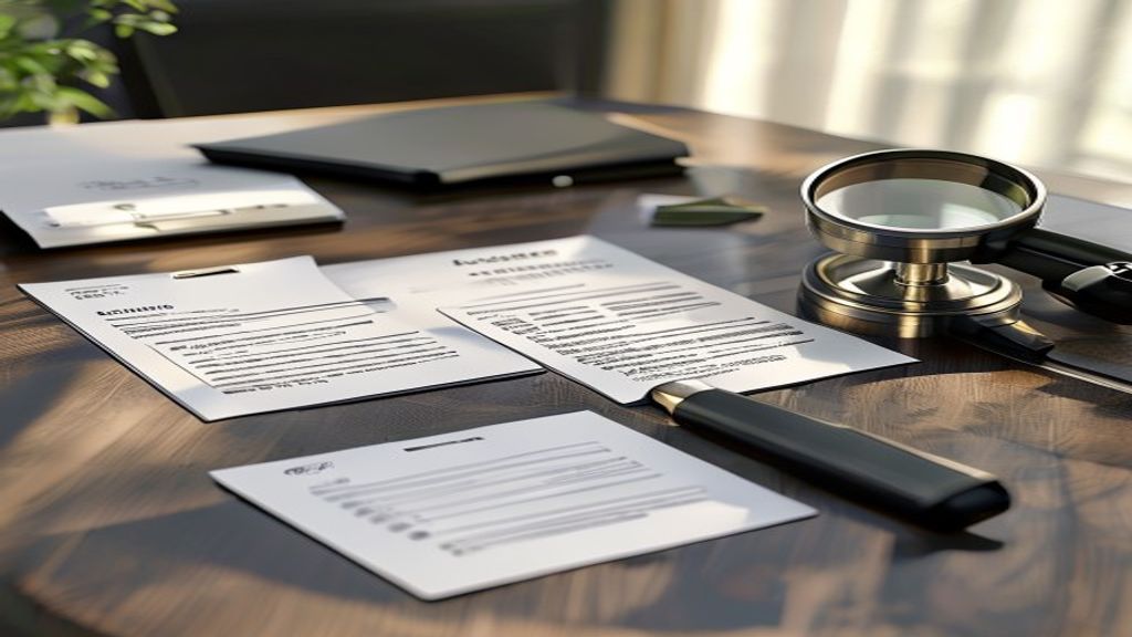 Procurement desk with government tender documents, sample ID cards, magnifier and checklist