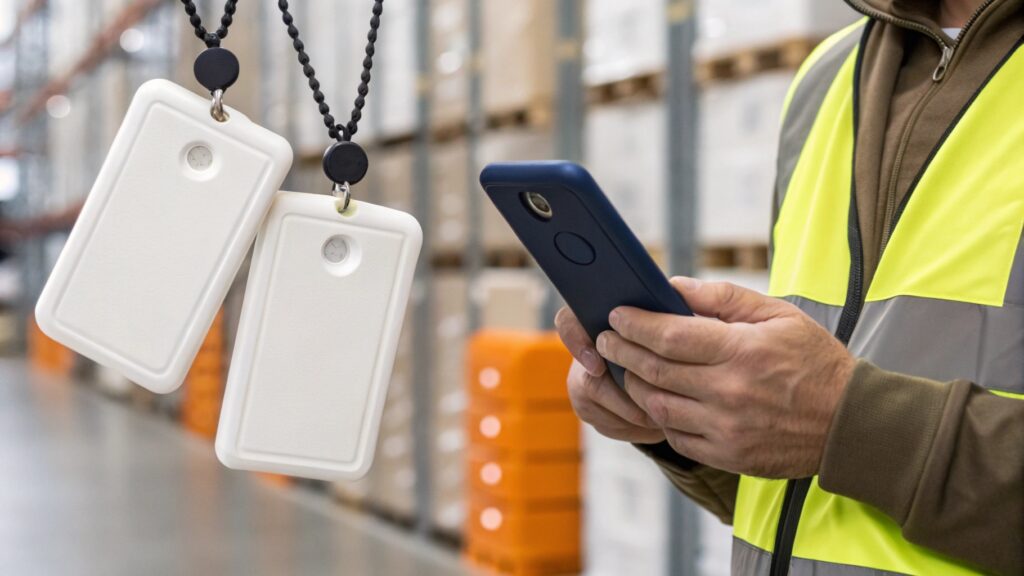 UHF RFID tags with UCODE chips attached to cardboard boxes on a warehouse pallet being scanned by a handheld reader