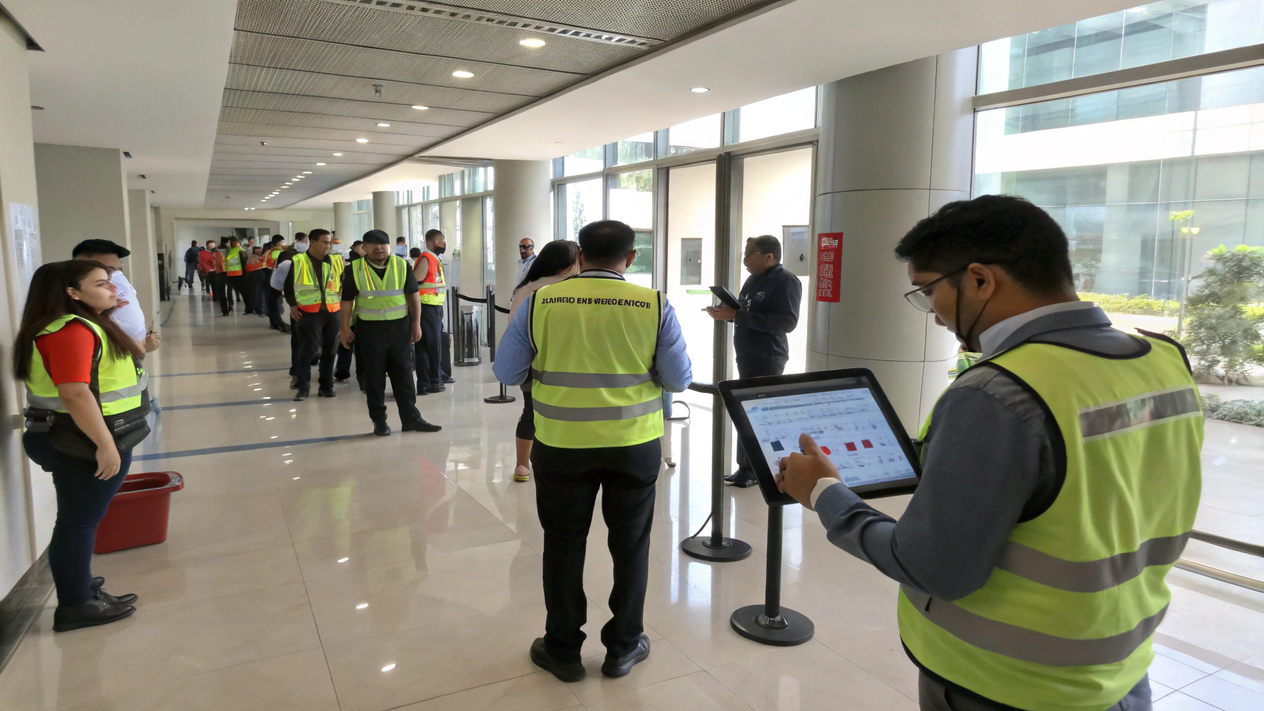 Security staff using a tablet to reconcile ID card access logs during an emergency headcount