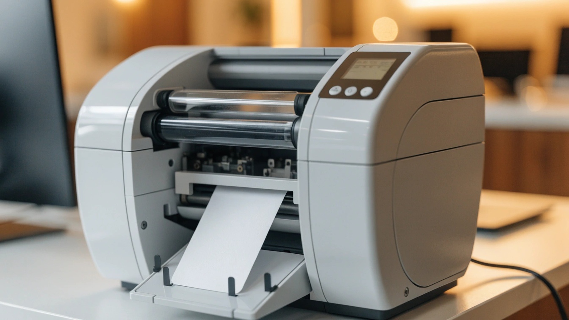 Dye-sublimation card printer outputting a personalized PVC ID card, illustrating the fast low-cost print method.
