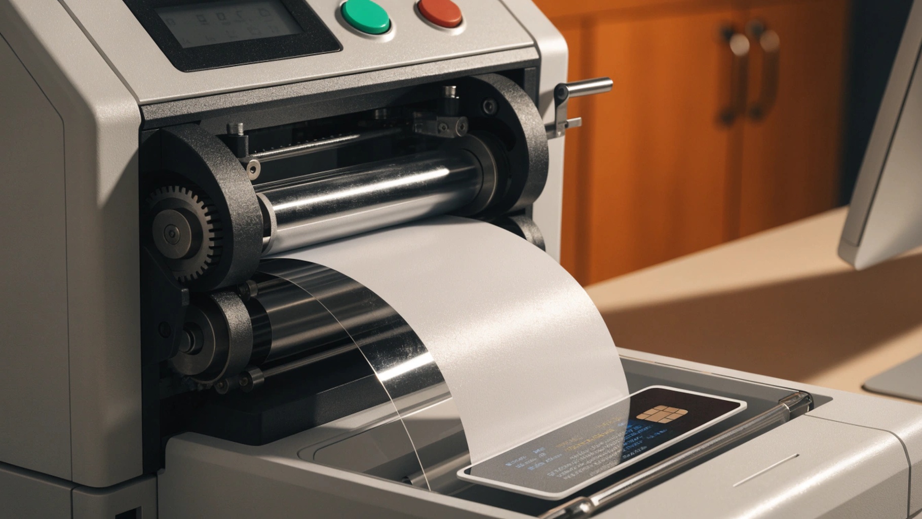 A re-transfer card printer producing an edge-to-edge personalized smart card.