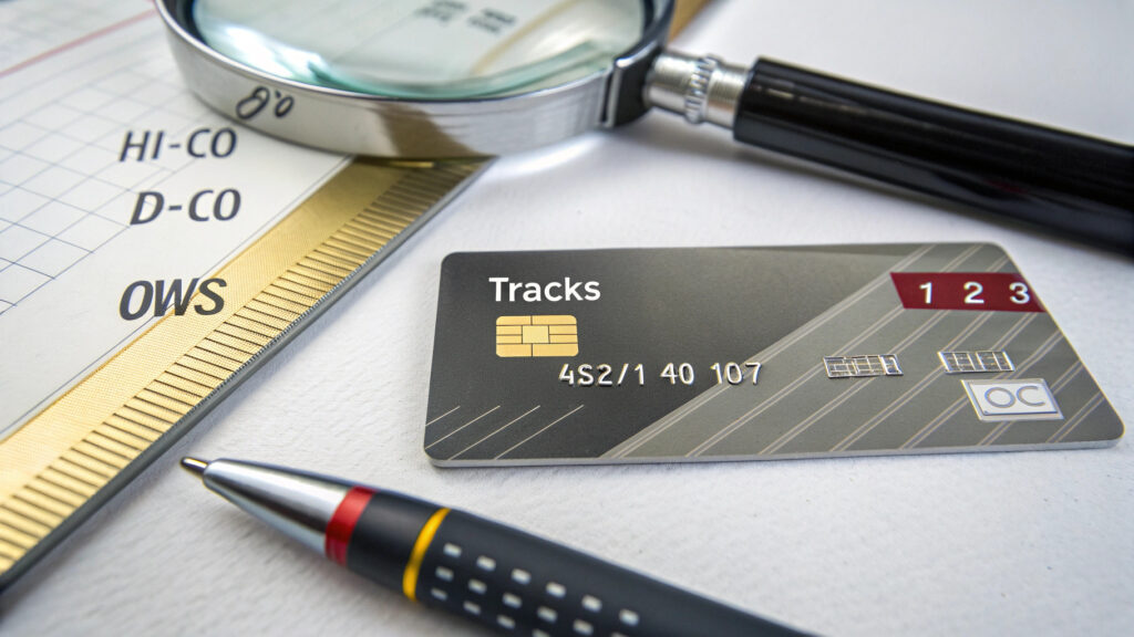 Placeholder: a PVC ID card back showing the magnetic stripe with a desktop encoder read-head