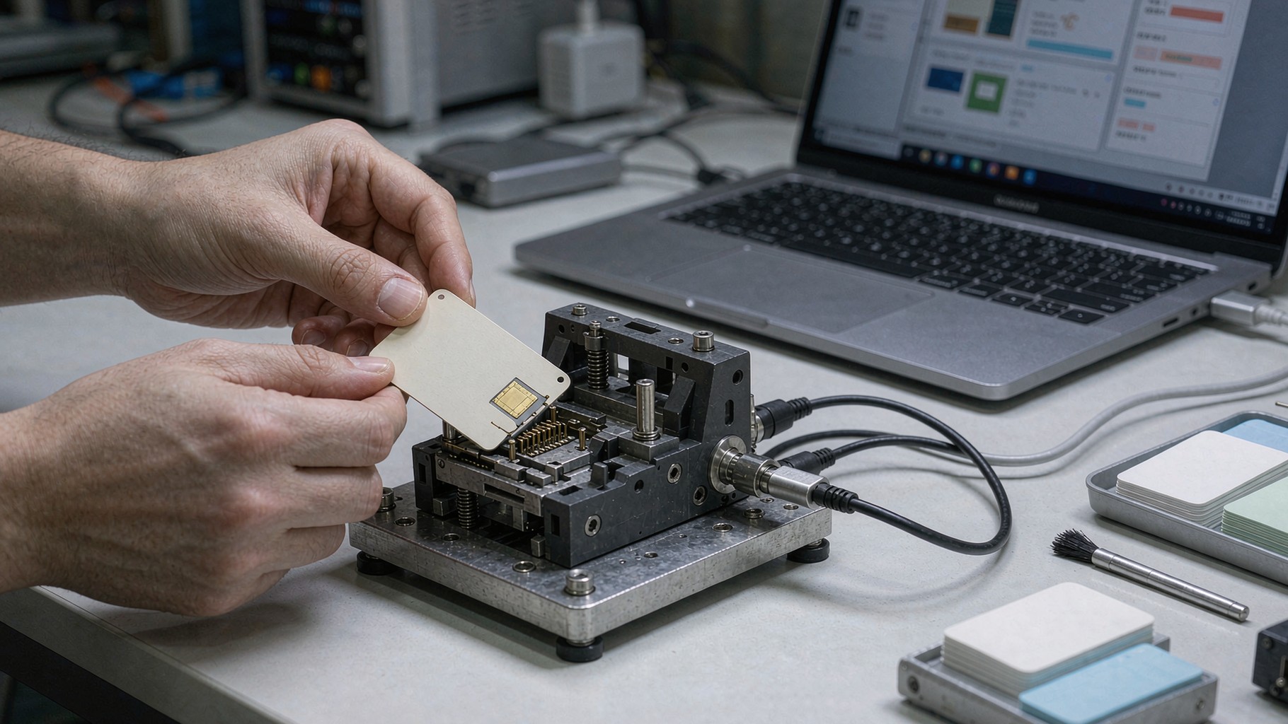 A desktop station encoding and injecting keys into a smart card chip