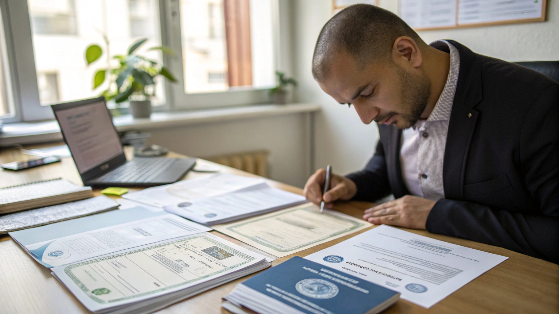 Buyer verifying a smart card supplier's certification documents and compliance paperwork at a desk