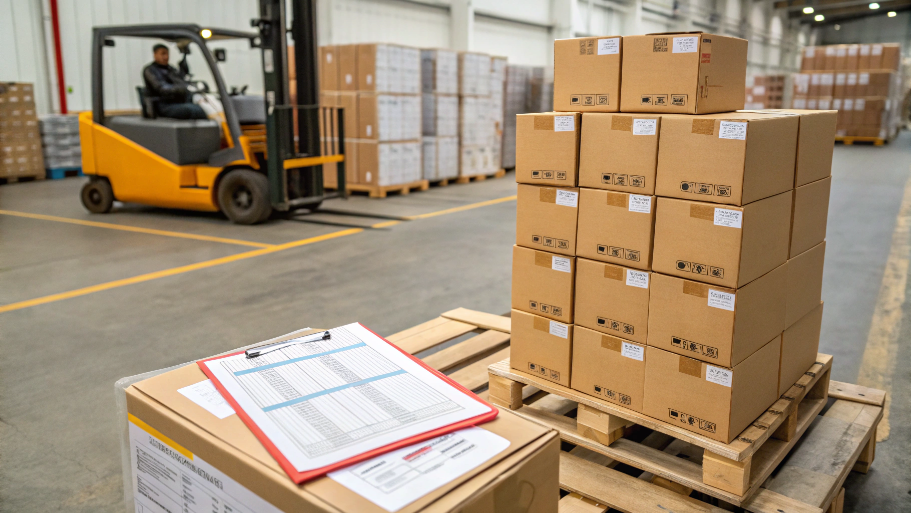Boxed smart cards palletized and ready for shipment in a fulfillment warehouse