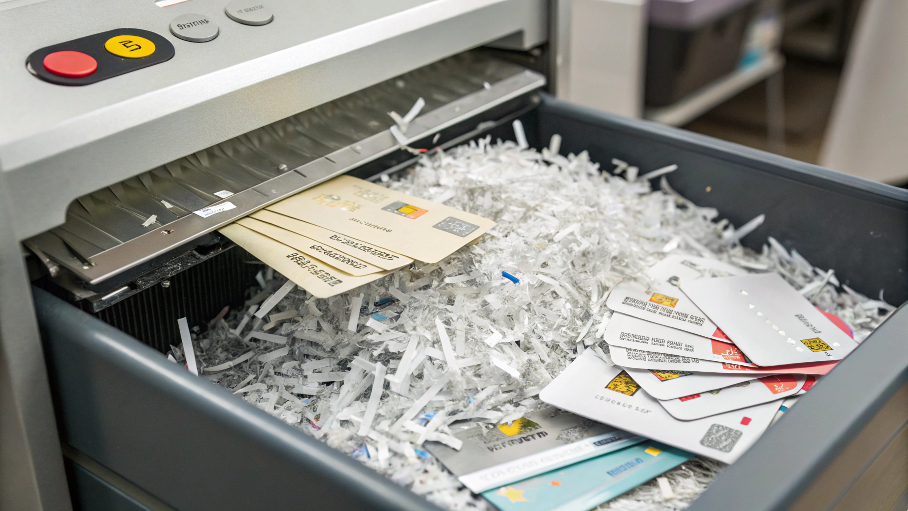 Industrial high-security card shredder reducing decommissioned smart cards to confetti-sized fragments