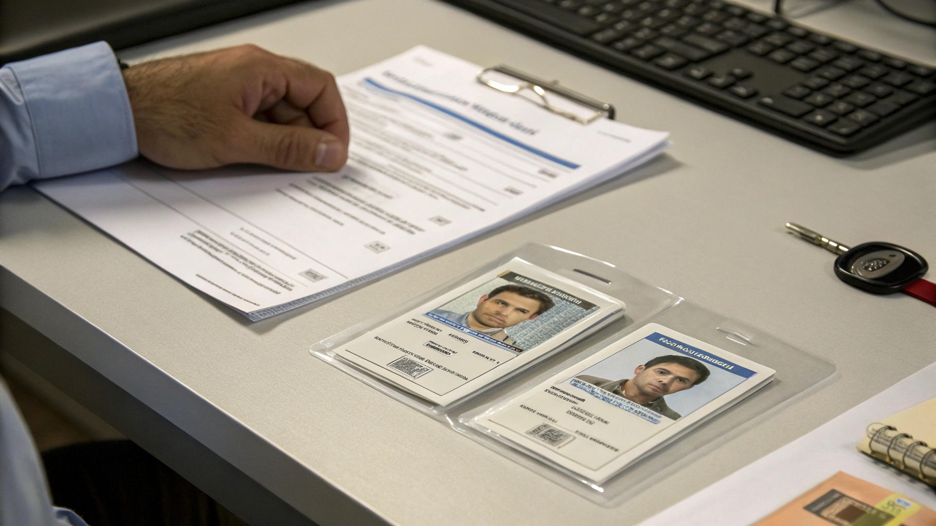 Genuine ID card compared with a counterfeit clone beside an access-log anomaly report