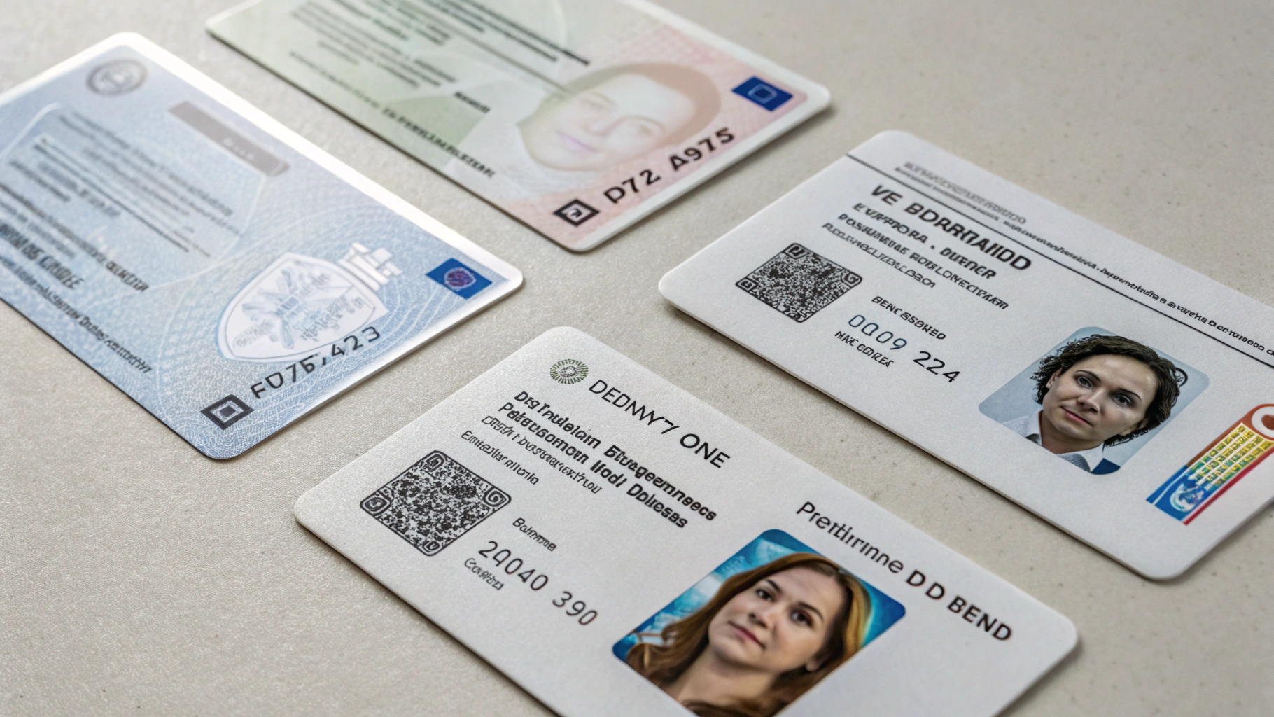 Flat-lay of identity cards showing different anti-counterfeit security features