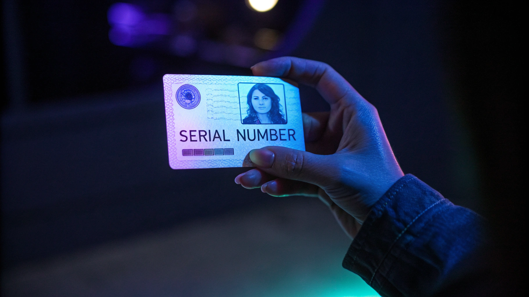 ID card revealing hidden UV fluorescent security marks under a blacklight