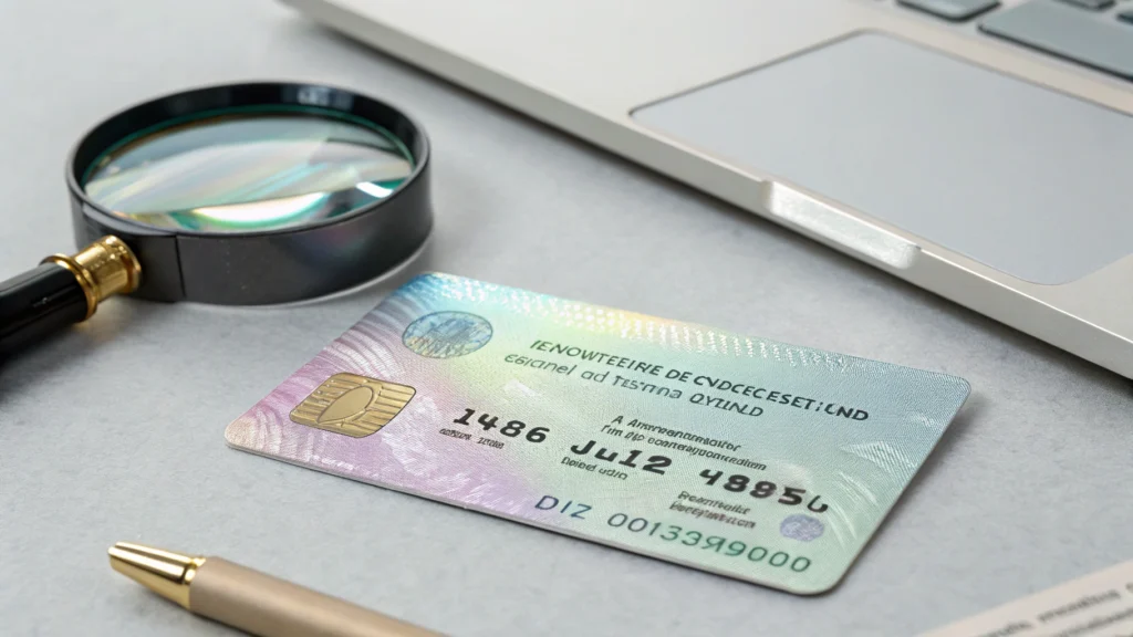 Secure employee ID card with holographic overlay and microtext on a desk with a loupe
