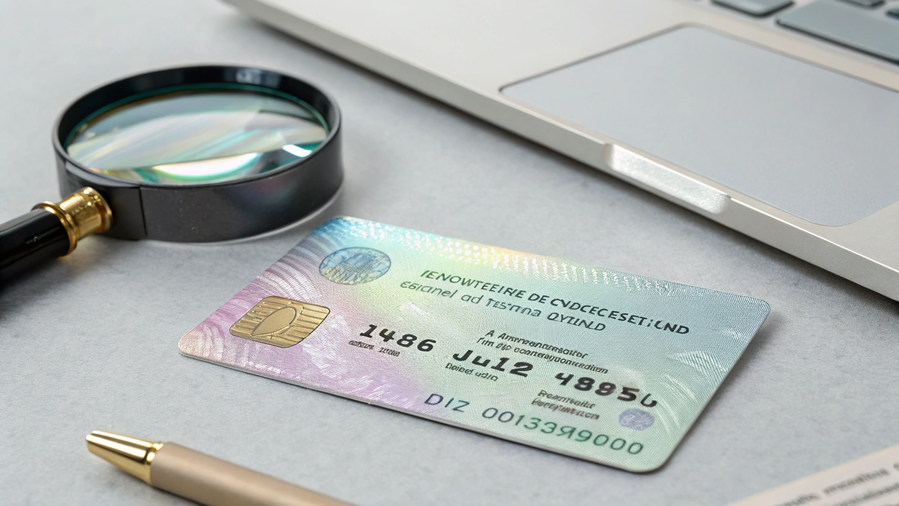 Secure employee ID card with holographic overlay and microtext on a desk with a loupe