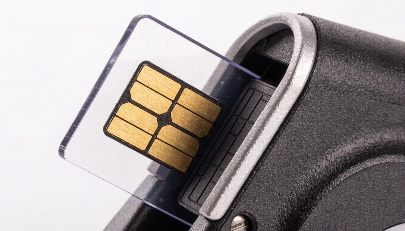 Macro photograph of a smart card contact chip module