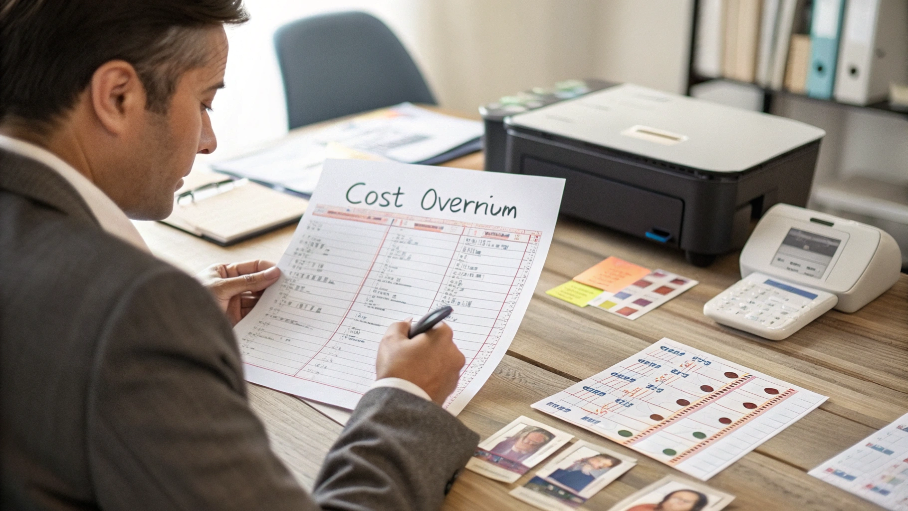 Manager reviewing an ID card program budget with unexpected cost overruns
