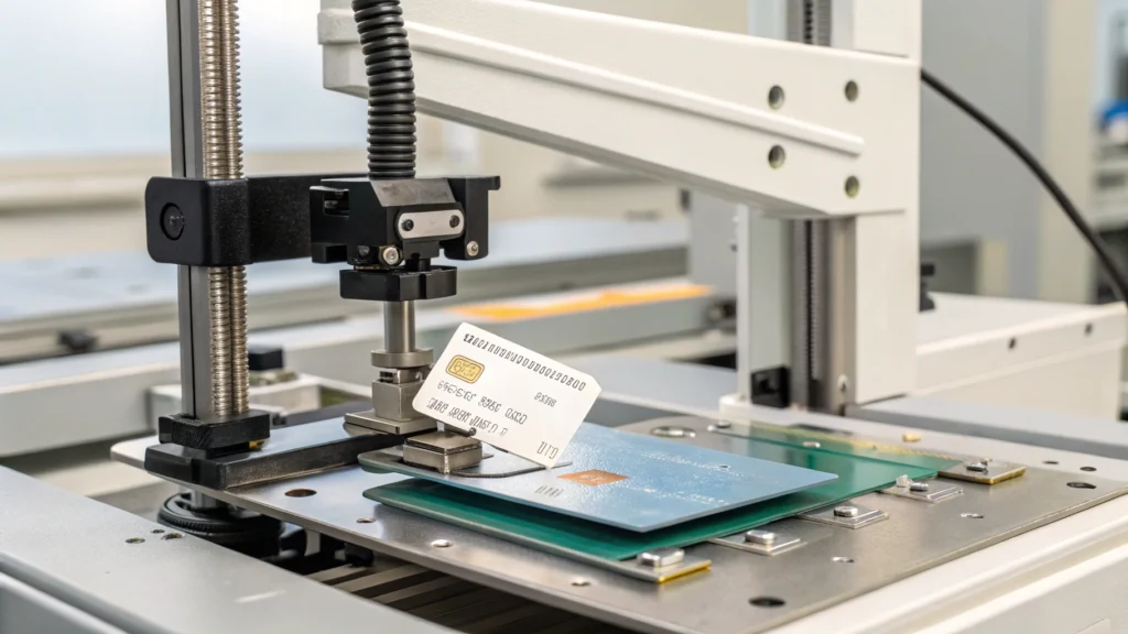 Smart card undergoing a mechanical bend durability test in a lab fixture