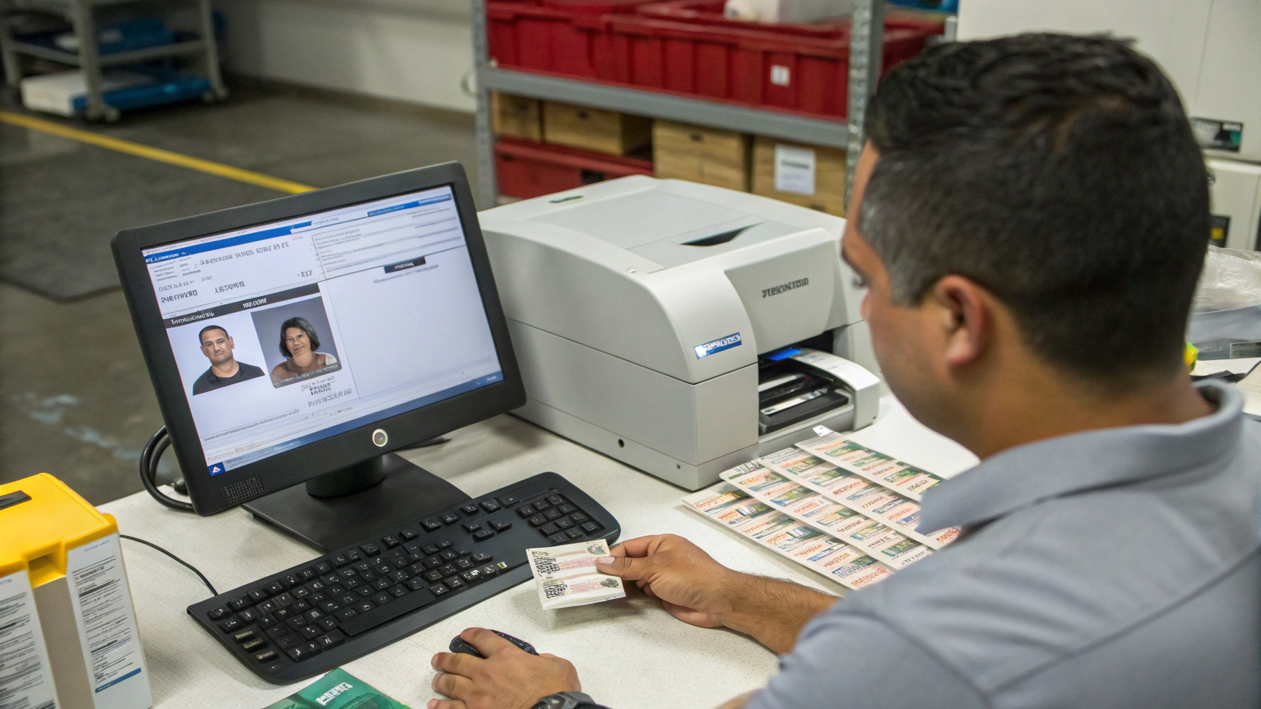 Technician personalizing and encoding a batch of employee ID cards