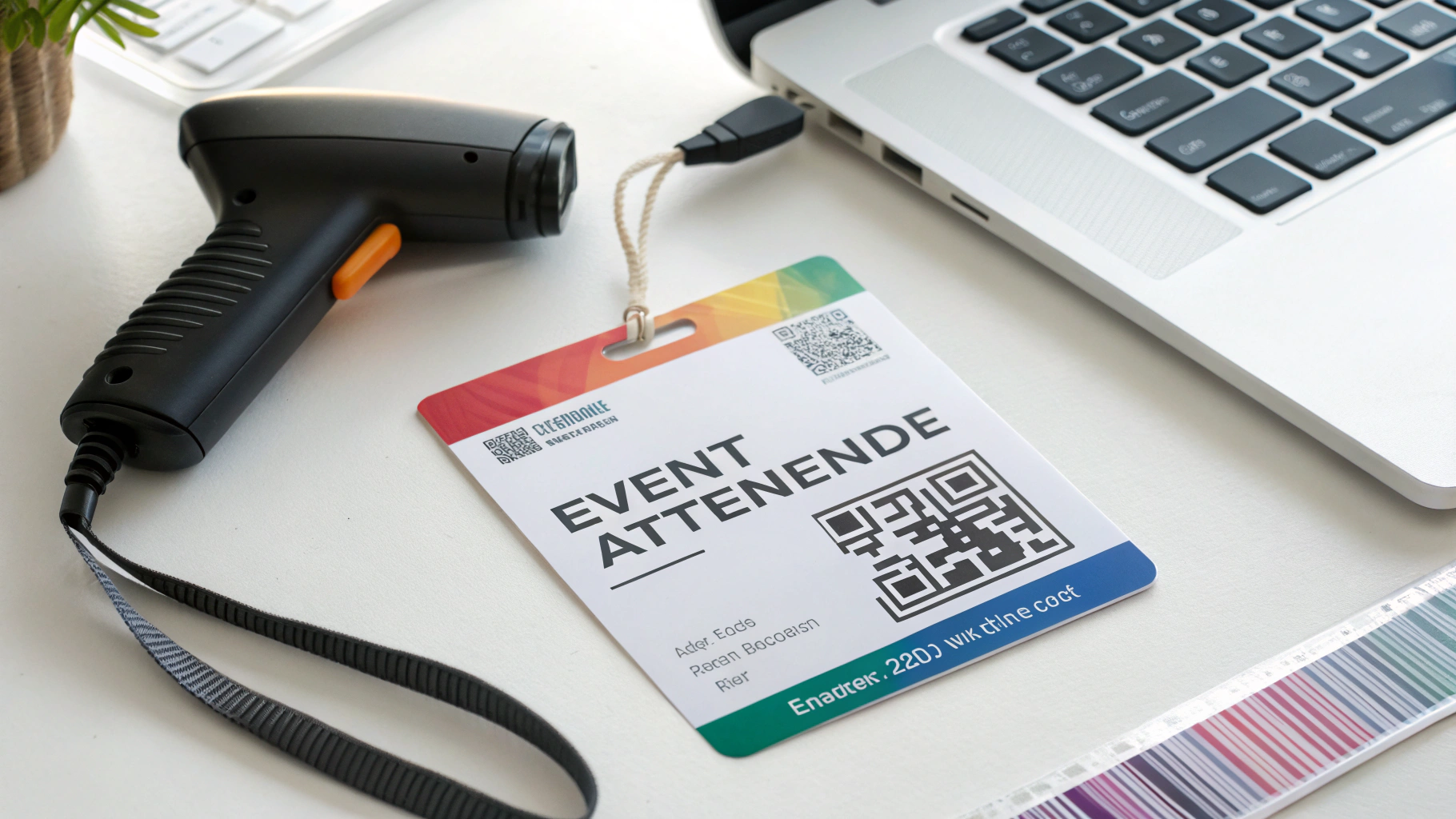 Event badge layout with barcode, QR code quiet zones, and color-coded tier band beside a handheld scanner